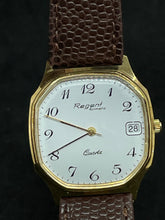 Load image into Gallery viewer, REGENT FORMATIC GENTLEMAN GOLD DATE WATCH + UNWORN LEATHER STRAP SERVICE NEW. (SKU-596)