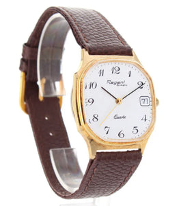 REGENT FORMATIC GENTLEMAN GOLD DATE WATCH + UNWORN LEATHER STRAP SERVICE NEW. (SKU-596)