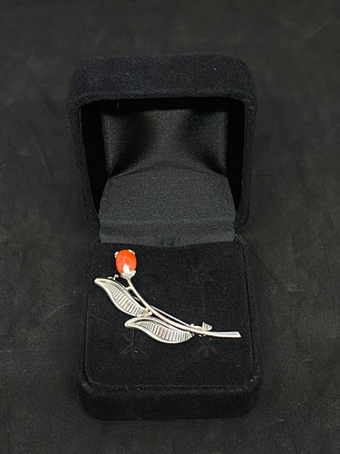 Vintage European Brooch silver 835 elegant small flower with red stone.(SKU #391)
