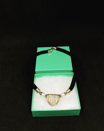Asymmetric Gold Square Tone Pendant, Black Rope Necklac German vintage (SKU #390)
