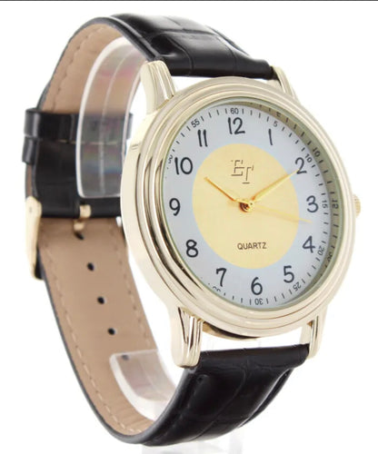 ET GOLD SUNBURST DESIGN BIG-SIZE CLASSIC PRECISE QUARTZ MEN'S WATCH - NEW. (SKU-599)