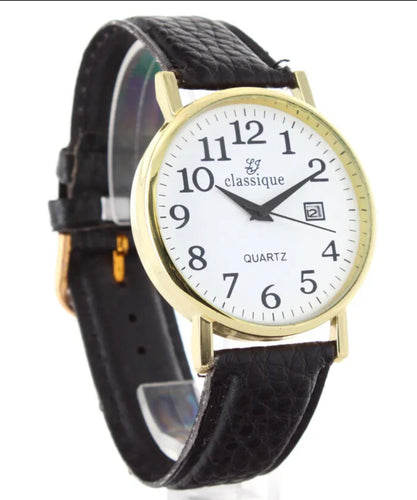 LJ CLASSIQUE GOLD CALENDAR ELEGANT PRECISE QUARTZ GENTLEMEN'S WATCH + SERVICE NEW. (SKU-598)