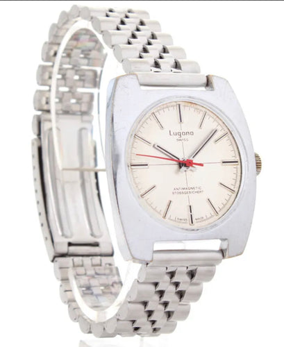 LUGANO SWISS MADE CROSSHAIR HAND WINDING VINTAGE RED-POINTER GENT WATCH + JUBILÉ STRAP(SKU-601)