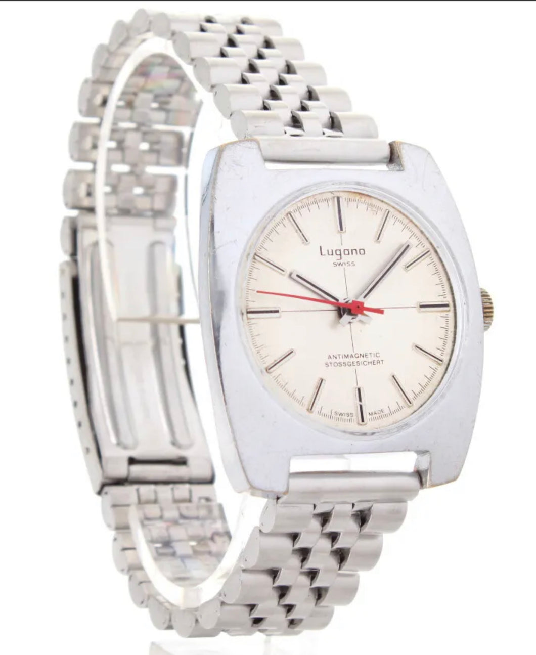 LUGANO SWISS MADE CROSSHAIR HAND WINDING VINTAGE RED-POINTER GENT WATCH + JUBILÉ STRAP(SKU-601)