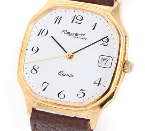 REGENT FORMATIC GENTLEMAN GOLD DATE WATCH + UNWORN LEATHER STRAP SERVICE NEW. (SKU-596)