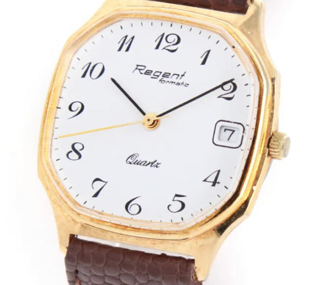 REGENT FORMATIC GENTLEMAN GOLD DATE WATCH + UNWORN LEATHER STRAP SERVICE NEW. (SKU-596)