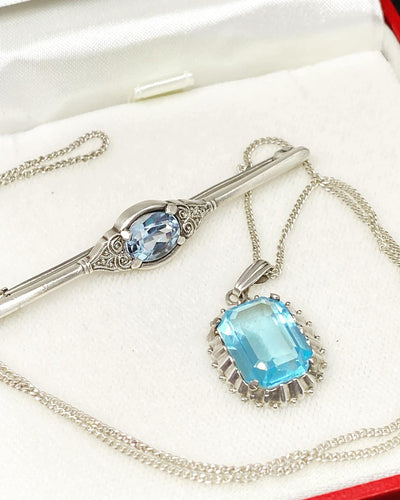 Vintage Sterling Silver 925 Chain Small Sterling Silver 835 Pendant with light blue jade with similar Brooch set