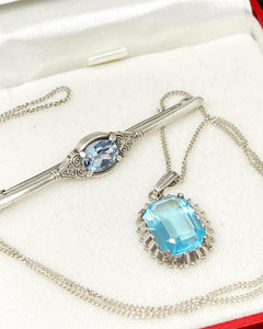 Vintage Sterling Silver 925 Chain Small Sterling Silver 835 Pendant with light blue jade with similar Brooch set