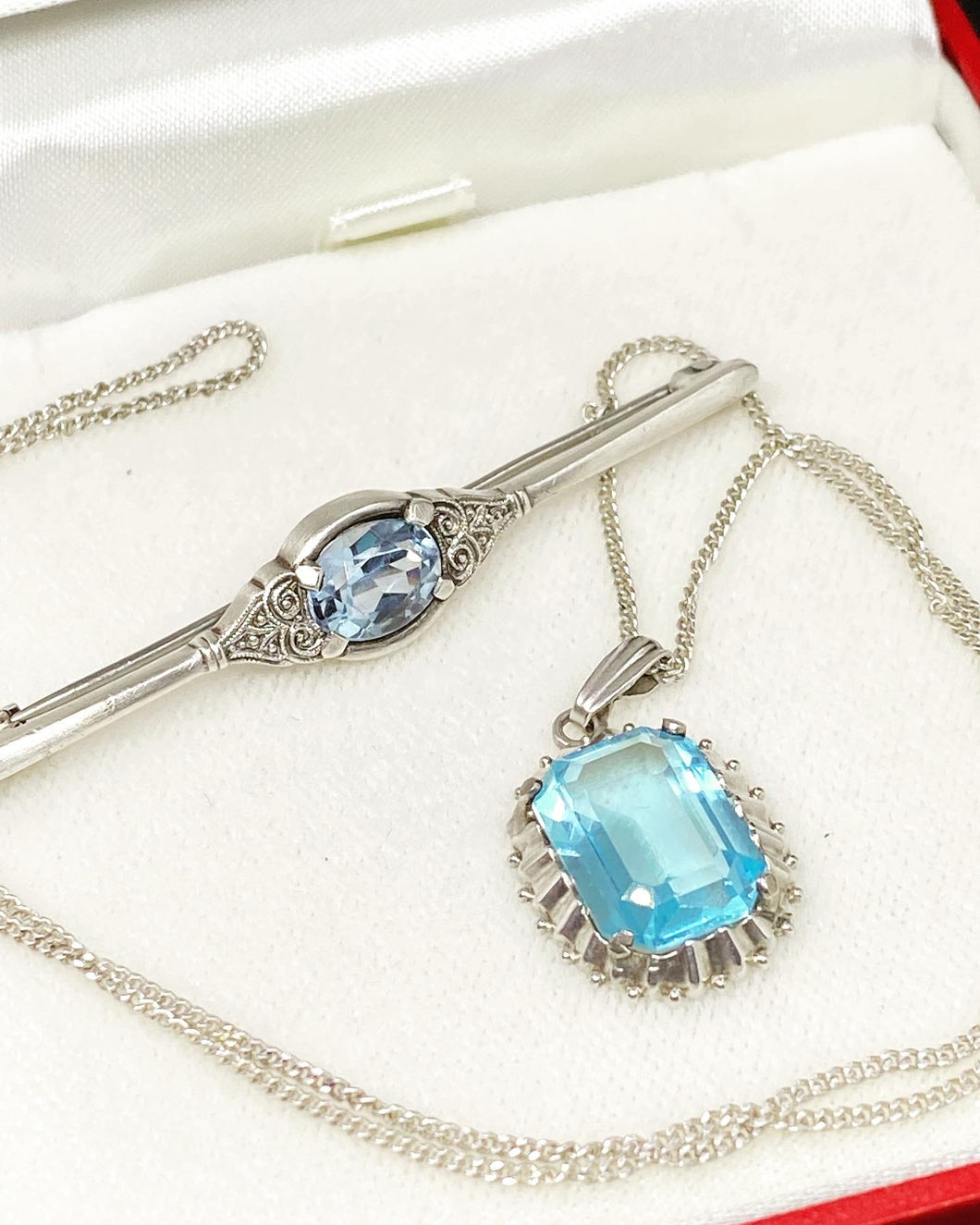 Vintage Sterling Silver 925 Chain Small Sterling Silver 835 Pendant with light blue jade with similar Brooch set